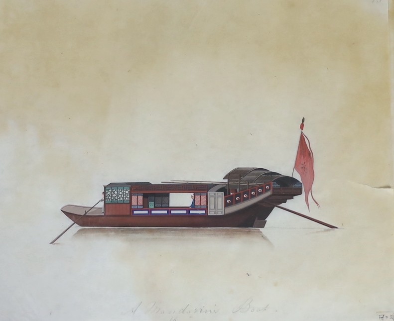 19th century Chinese School, nine gouaches on pith paper, Studies of water-going vessels, inscribed in Chinese and titled in English, giving the names and uses of the various vessels, 29 x 34cm